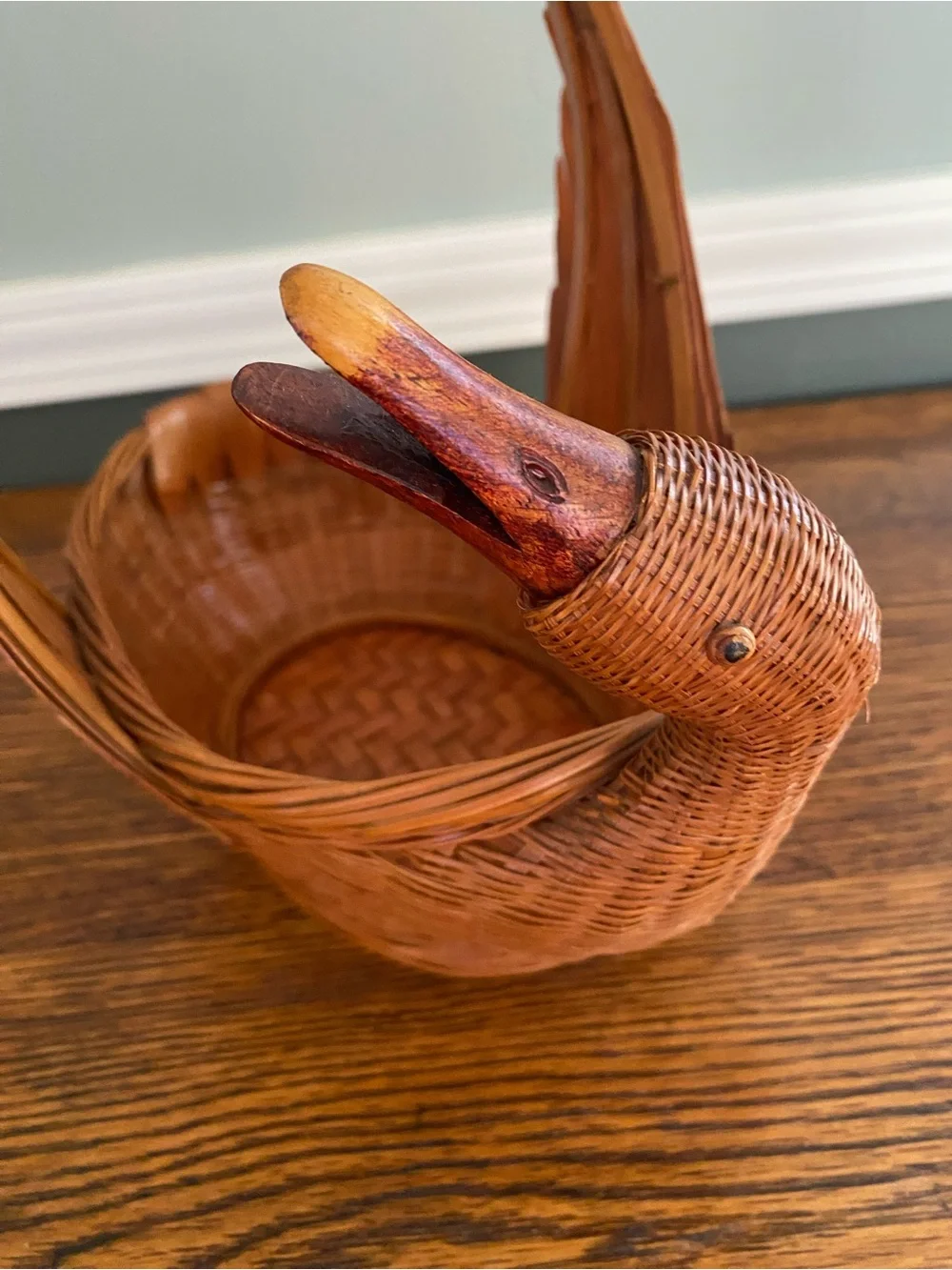 Vintage Woven Wicker Rattan Duck Basket Angled Neck Wood Beak Eyes